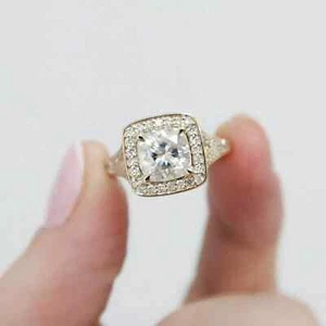 2.50CT Cushion Cut Simulated Diamond Halo Engagement Ring 14K Yellow Gold Plated - Picture 1 of 5
