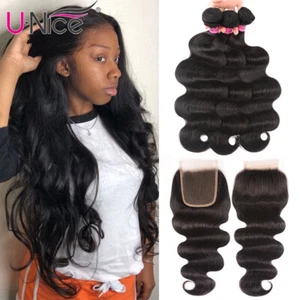 UNICE Malasia Body Wave 3 paquetes extensiones de cabello humano con tejido de cierre de encaje - Imagen 1 de 14
