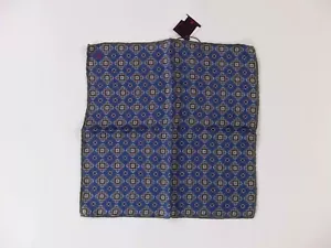 ISAIA Napoli blue geometric & polka dots print reversible silk pocket square NWT - Picture 1 of 4