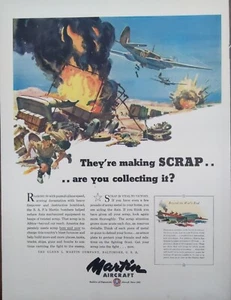 1943 vintage Martin aircraft print ad, Bombing WWll battle scene - Picture 1 of 1