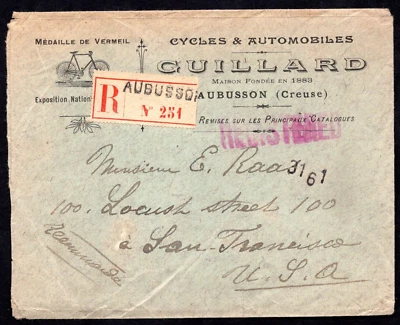 FRANCE 1912 TO US ADVERTISING BICYCLES & AUTOMOBILES WITH CACHET OF BICYCLE - Image 1 of 2