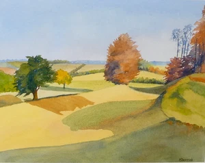 Danebury Hillfort Landscape Watercolour Painting Maureen Derrick Signed - Picture 1 of 4