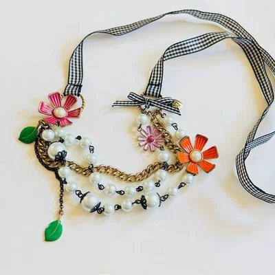 Betsey Johnson BJ Multi Chain Pearl bib Necklace Flower Bib Signed Crystal 38" - Image 1 of 4