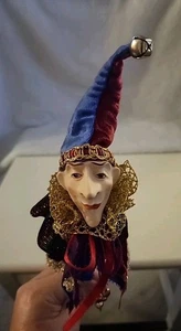 VINTAGE Narr Marotte Zauberstab Ornament Porzellan Gesicht Pick Samt Glocken Griff - Bild 1 von 10