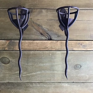 VINTAGE GOTHIC PAIR WROUGHT IRON WALL CANDLE BASKET SCONES HOLDERS LARGE HEAVY - Picture 1 of 24
