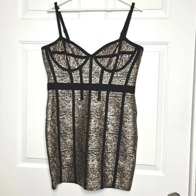 Bebe Bandage Bodycon Mini Dress Gold Black Snake Print Strappy Zipper XL - Image 1 of 4