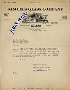 1933 manufacturers SAMUELS GLASS COMPANY San Antonio Texas H. Nelson LETTERHEAD - Picture 1 of 1