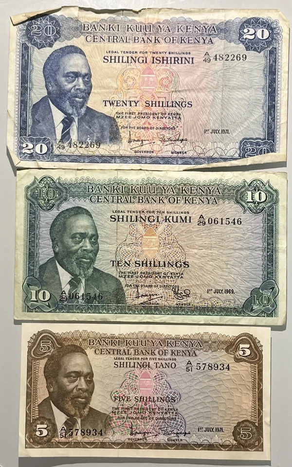 KENYA 1971 5 & 20 Shilingi, 1969 10 Shilingi 3 Banknotes - Image 1 of 2