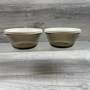 2 Vintage Smoke Brown Custard Cups 1034 Dessert Bowls 6 oz With Lids - Picture 1 of 5