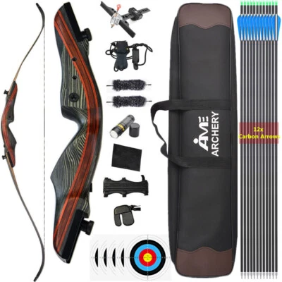 62" Takedown Recurve Bow Bag Arrow Set 20-50lbs Wooden Bow Archery Hunting Shoot - Image 1 of 4