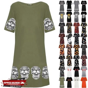 Women Ladies Short Sleeve Baggy Skull Halloween Oversized Round Neck TShirt Dres - Picture 1 of 71