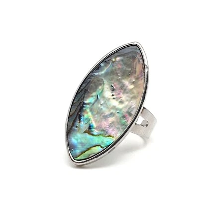 Abalone Ring Rainbow Paua Eye Natural Shell Cocktail Adjustable Silver Plated - Image 1 of 4