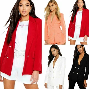 Women Ladies Gold Button Slim Double Breasted Suit Blazer Duster Coat Jacket UK - Picture 1 of 7