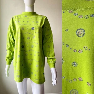 Vintage 90s Y2k L XL Lime Green Long Sleeve T Shirt  Purple Floral EUC Rad - Picture 1 of 8