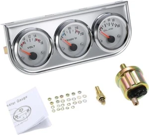 2" 52mm Universal Chrome Volt Water Temp Oil Pressure Sensor Triple Gauge Kit - Picture 1 of 6