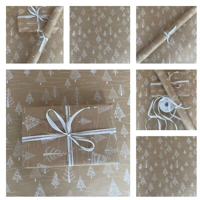 Christmas Wrapping Paper KRAFT Xmas Trees White Recyclable 2/5/10 mtr opt ribbon