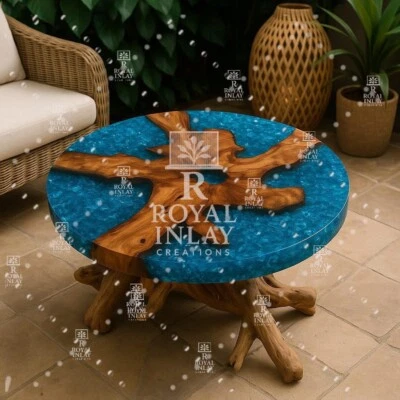 Aqua Resin Root Table – Round Live-Edge Wood Centerpiece with Driftwood Base - Image 1 of 4
