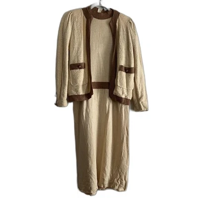 Vtg 1970s Pat Sandler Knit Set - dress & cardigan cream brown gold buttons S/M - Image 1 of 4