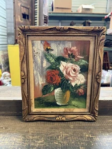 Pintura floral bodegón años 20, óleo sobre tabla, arte antiguo vintage, decoración de pared - Imagen 1 de 5