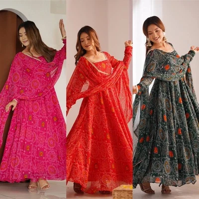 Readymade Bandhani Indian Pakistani Wedding Party Salwar Kameez Anarkali Suits - Image 1 of 4