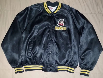 VTG PITTSBURGH PIRATES LOCKER LINE BUTTON SNAP JACKET XXL  80s 90s BLACK BOMBER - Image 1 of 4
