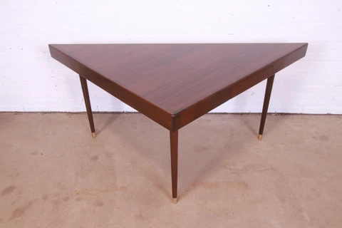Harvey Probber Teak and Brass Triangle Desk or Console Table, Newly Refinished Cover