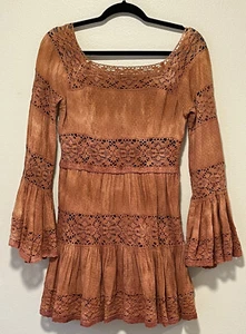 Free People Pippa Gauze Fit & Flare Dress Size 4 Sunrise Orange Bell Sleeve Boho - Picture 1 of 9