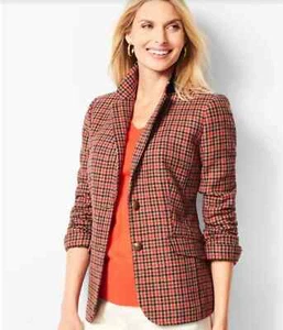 Talbots Red/Black/Tan Houndstooth Shetland Aberdeen Jacket Blazer Size 14 Wool - Picture 1 of 14