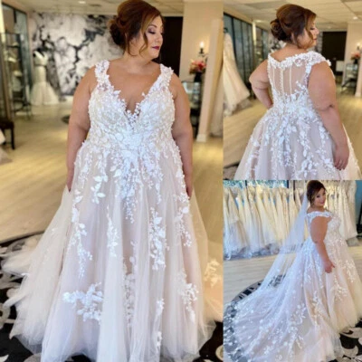Boho Wedding Dresses Lace Applique Sleeveless V-Neck Bridal Gown Plus Size - Image 1 of 4