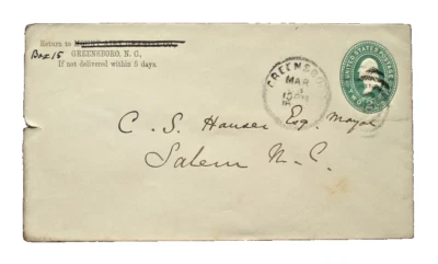 US SC U 314 GREENSBORO, NC POSTAL COVER HISTORY 1895 - Image 1 of 2
