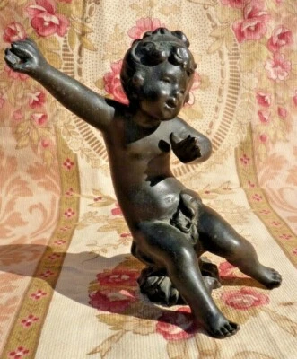 ANCIEN ANGE CHÉRUBIN PUTTI SCULPTURE ANCIENNE DÉCOR EN RÉGULE XIXe  - Photo 1/4