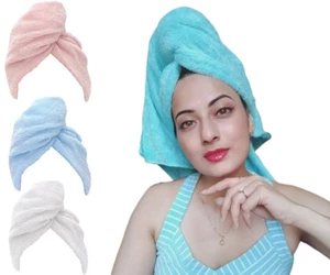 Hair Towel Wrap 3 Pack Hair Towel Turban Turbie 100% Cotton Hair Twist Turban - Picture 1 of 6