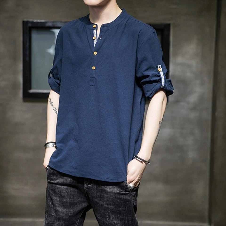 Men Cotton Linen Top Tee Shirt Roll Up 3/4 Sleeve Button Henley Neck T-shirt Top - Image 1 of 4