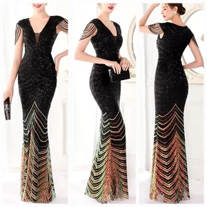 Black Chevron Print, Contrast Sequined and Mesh V Neck Cap Sleeve Mermai… - Picture 1 of 13