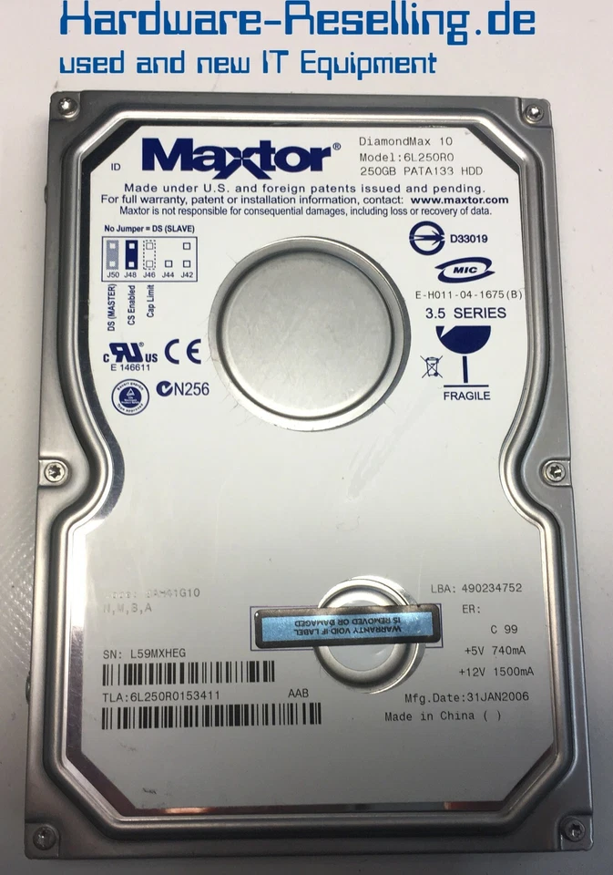 Maxtor 250GB 7,2k Ide 2MB 6L250R0 ZBBTVZDS-A9GLB 3,5 " HDD - Immagine 1 di 1