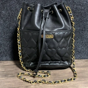 Moschino Heart Quilted Chain Bucket Shoulder Bag Purse Leather Black Used - Picture 1 of 10