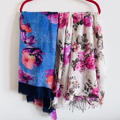Banana Republic Women's Purple/Blue/Pink Scarf + H&M Floral Scarf - Image 1 of 4