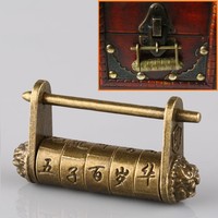 Chinese Vintage Antique Old Style Password Brass Carved Word Padlock Lock/Key