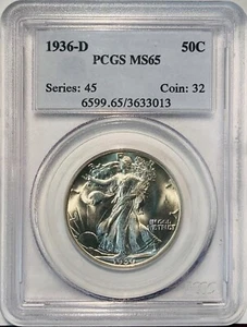 Medio dólar Walking Liberty 1936 D - graduación profesional MS-65 GEMA BLANCA FRESCA ENVÍO GRATUITO - Imagen 1 de 4
