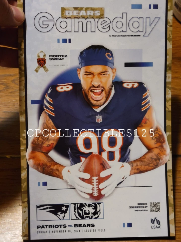 New England Patriots Chicago Bears PROGRAMA DEL DÍA DEL JUEGO 11/10/24 Montez cubierta para sudar Foto 1 de 1