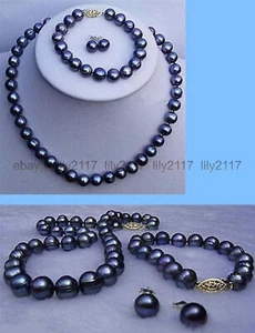 9-10mm genuine black Akoya Cultured Pearl necklace bracelet earring Jewelry set - Picture 1 of 3