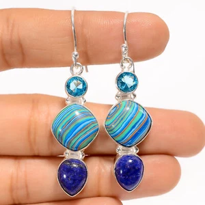 Pendientes hechos a mano de plata 925 con piedras preciosas de lapislázuli de calsílice arco iris 2,1" ARE-3837 - Imagen 1 de 3