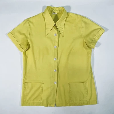 Vintage 60s 70s Button Front Mod Top Blouse Dagger Collar Yellow Womens Size L - Image 1 of 4