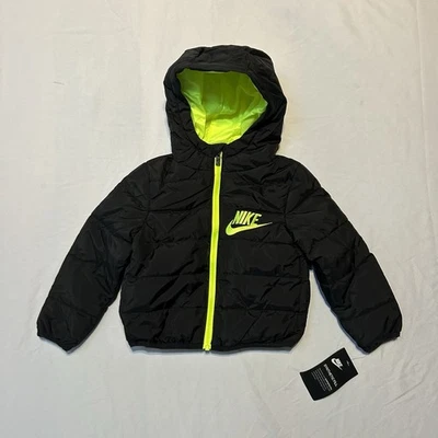 NWT NIKE "Just Do It" Boys Black & Neon Green Synthetic Fill Hoodie Jacket Sz 2T - Image 1 of 4