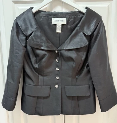 Vintage Victor Costa Women’s Dressy Evening Jacket 3/4 Sleeves Black Silk Size 8 - Image 1 of 3