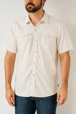 Howler Bros Open Tech Shirt Men's Med Sand Dotted Short Sleeve Pearl Snap Vent  - Image 1 of 4