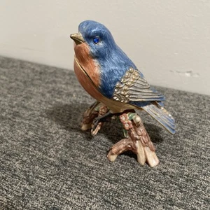 Enamel Robin Bird On Branch Hinged Trinket Box With Crystals Bejeweled Figurine - Picture 1 of 7