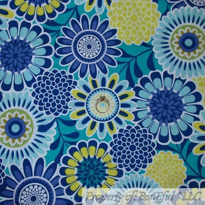 BonEful FABRIC FQ Cotton Quilt Green Blue White Bright BOHO Flower Garden Print - Image 1 of 4