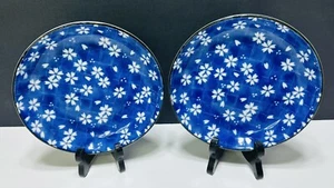 Vintage Collectors  Signed Japanese Blue & White Floral Stoneware Plates Set Of2 - Picture 1 of 13
