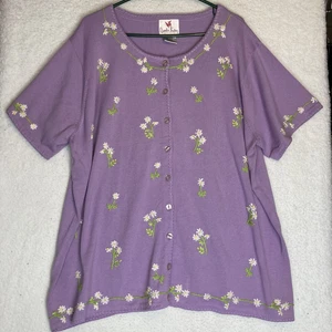 Quacker Factory Sweater Womens 3x Embroidered Flowers Grandmacore Retro Purple - Picture 1 of 4